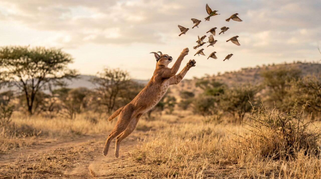 O felino acrobático que salta mais de 3 metros e derruba pássaros antes que eles consigam escapar pelo ar