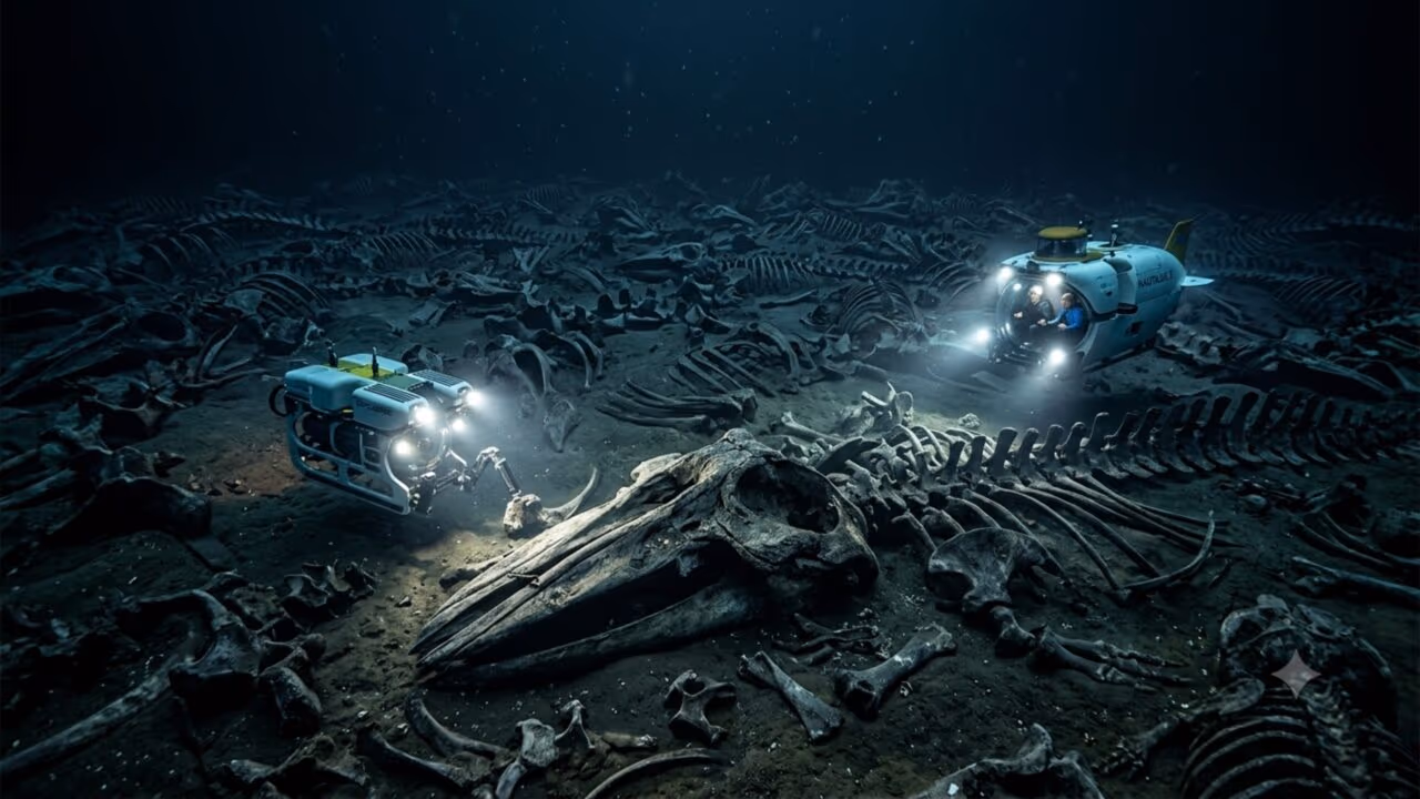 “Cemitério” com centenas de carcaças de baleias com até 5 milhões de anos é encontrado a uma profundidade de 7.000 metros no Oceano Índico
