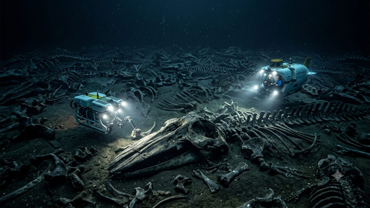 “Cemitério” com centenas de carcaças de baleias com até 5 milhões de anos é encontrado a uma profundidade de 7.000 metros no Oceano Índico