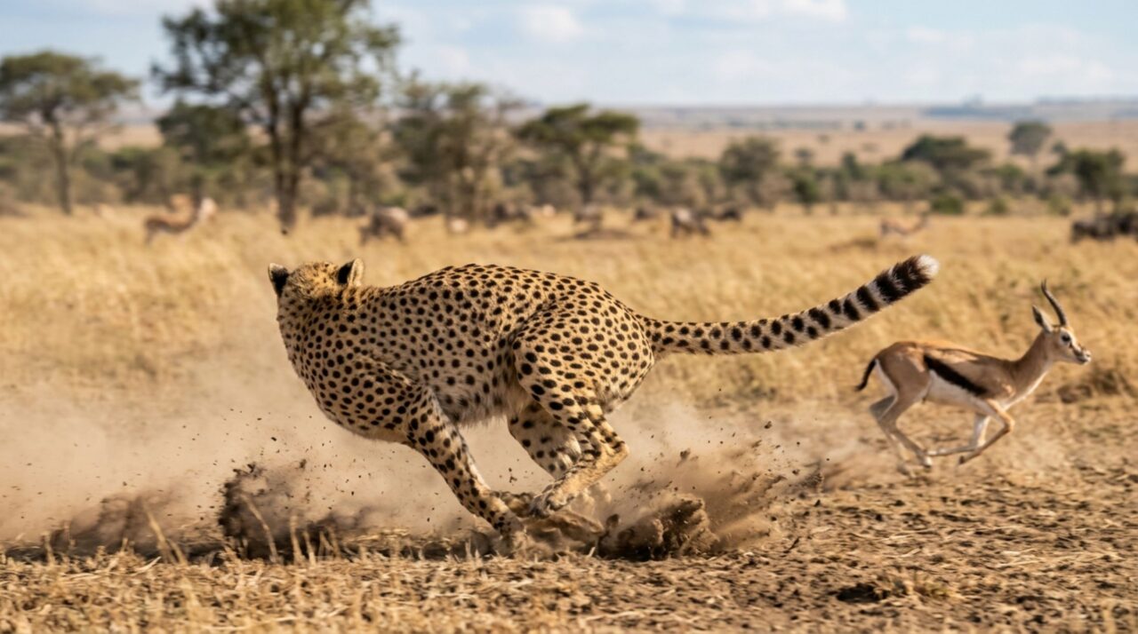 O segredo físico na cauda do guepardo que impede o felino de capotar durante perseguições a quase 100 km/h
