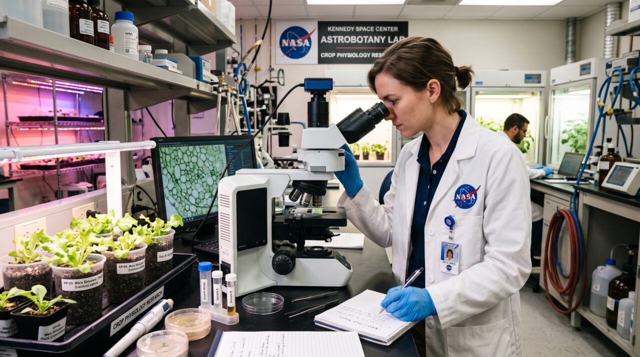 A rotina e os desafios do astrobiólogo na simulação de cultivo de alimentos em solo marciano dentro de laboratórios de alta tecnologia.