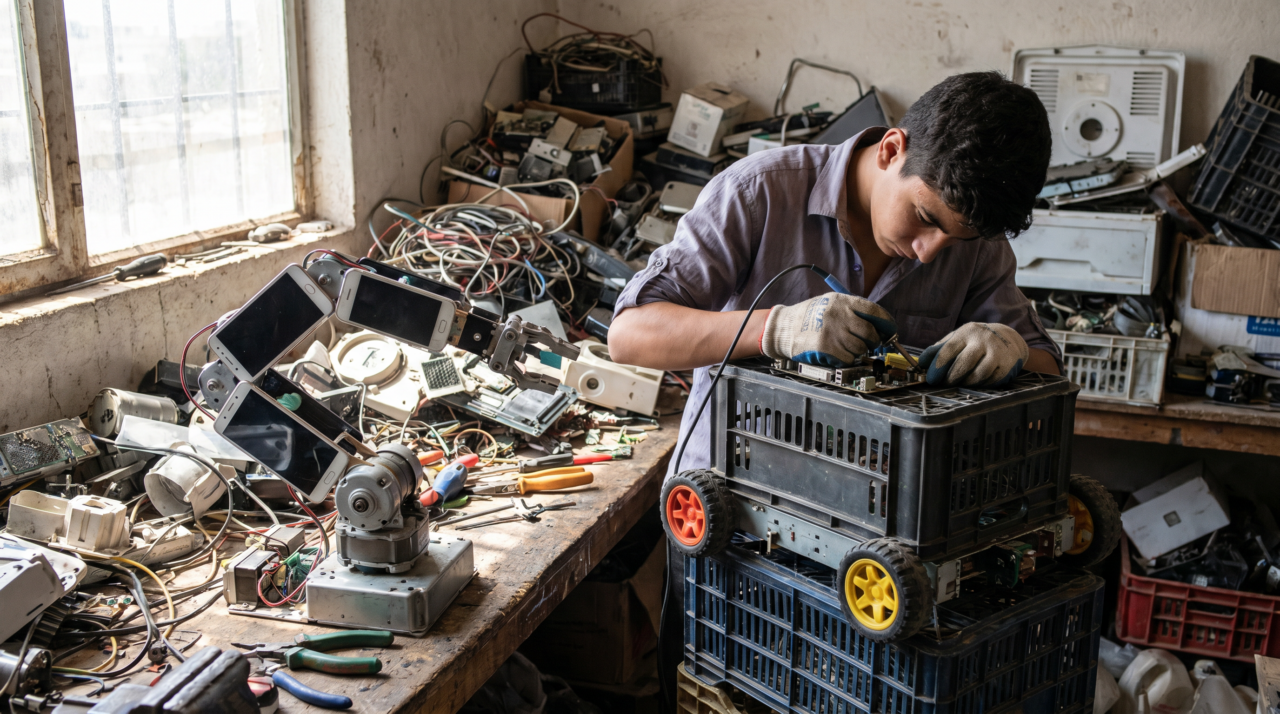 Com apenas 17 anos, um jovem sem estudos técnicos construiu robôs funcionais com peças de sucata que encontrava no lixo: resíduos de celulares, eletrodomésticos, brinquedos e computadores