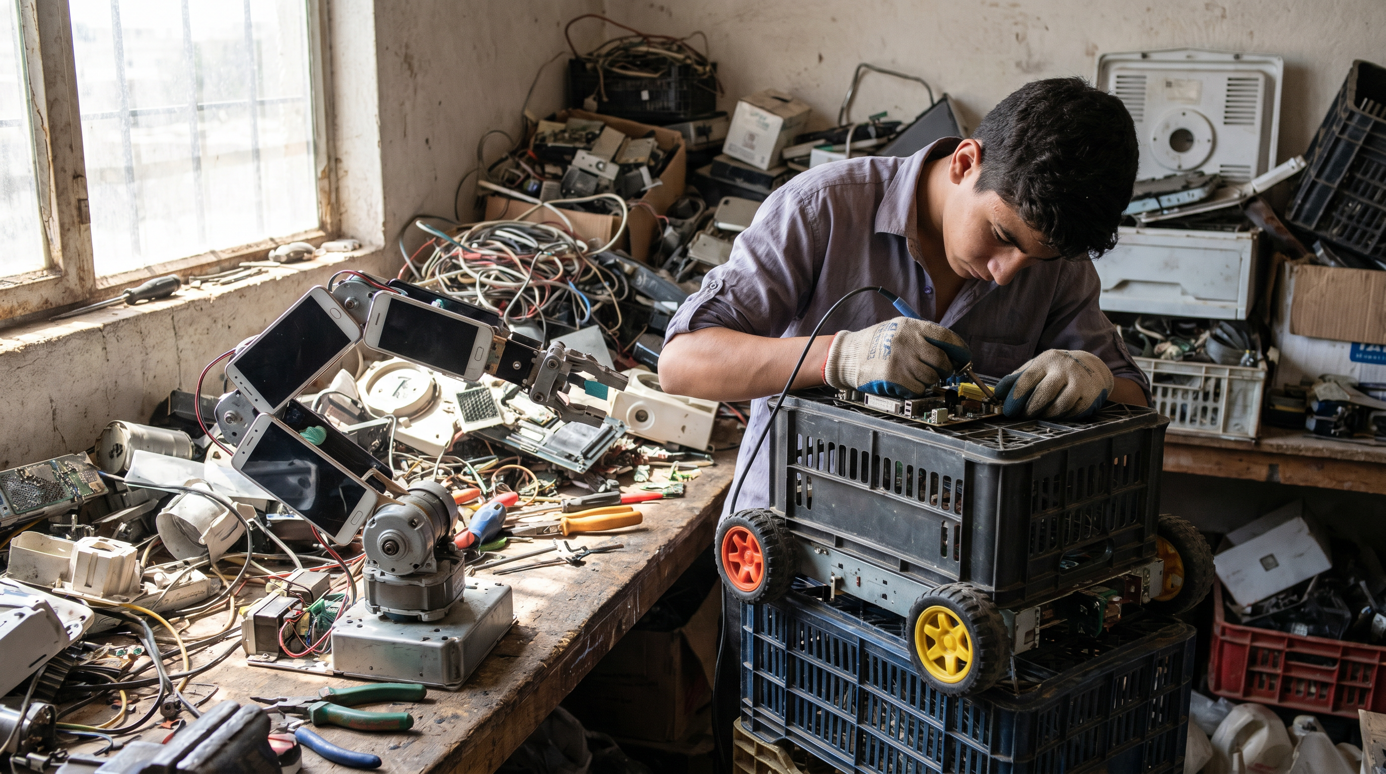Com apenas 17 anos, um jovem sem estudos técnicos construiu robôs funcionais com peças de sucata que encontrava no lixo: resíduos de celulares, eletrodomésticos, brinquedos e computadores