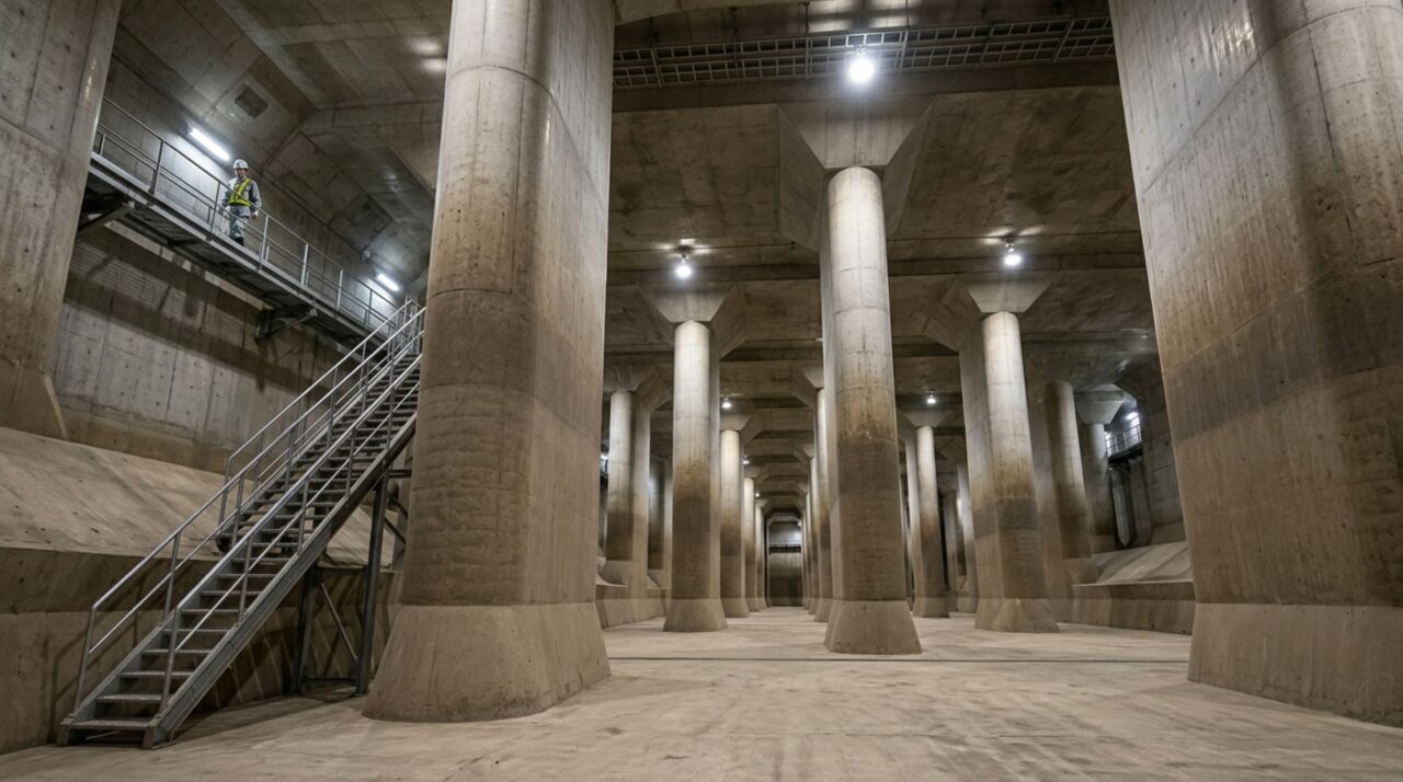 Estrutura de engenharia underground usa 59 pilares para controlar volumes massivos de água