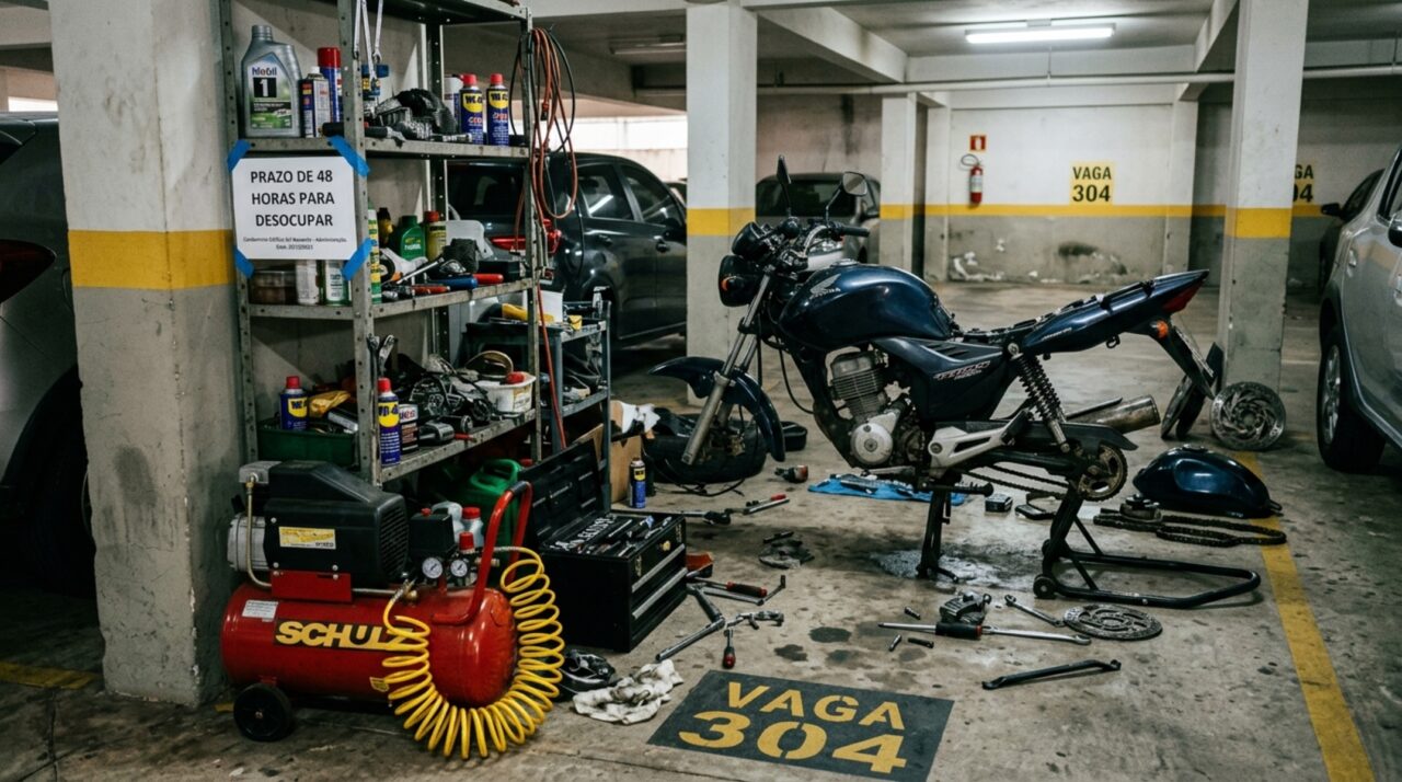 Morador transforma vaga de garagem em depósito com prateleiras e ferramentas, síndico manda esvaziar em 48 horas e condômino descobre que o regimento proíbe uso diferente de estacionamento