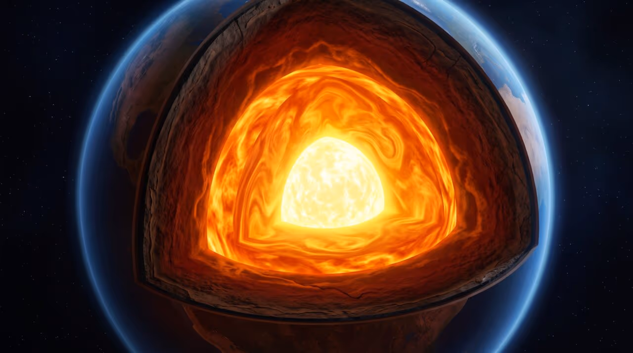O núcleo interno da Terra não é feito de rocha, mas é uma esfera de metal sólido rico em ferro, menor que a Lua, porém provavelmente mais massiva