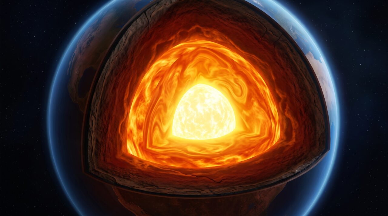 O núcleo interno da Terra não é feito de rocha, mas é uma esfera de metal sólido rico em ferro, menor que a Lua, porém provavelmente mais massiva