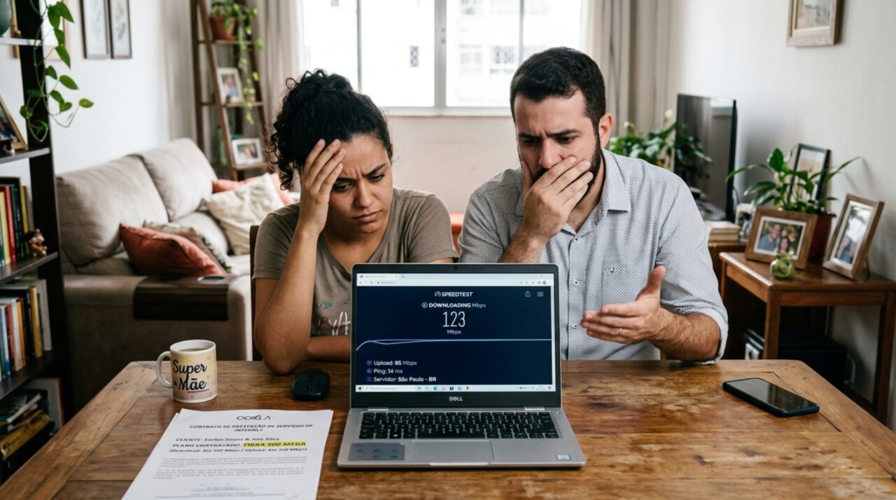Família contrata pacote de internet de 500 mega, velocímetro marca 120 mega há 6 meses e operadora alega que “velocidade é contratada, não garantida”, Anatel discorda