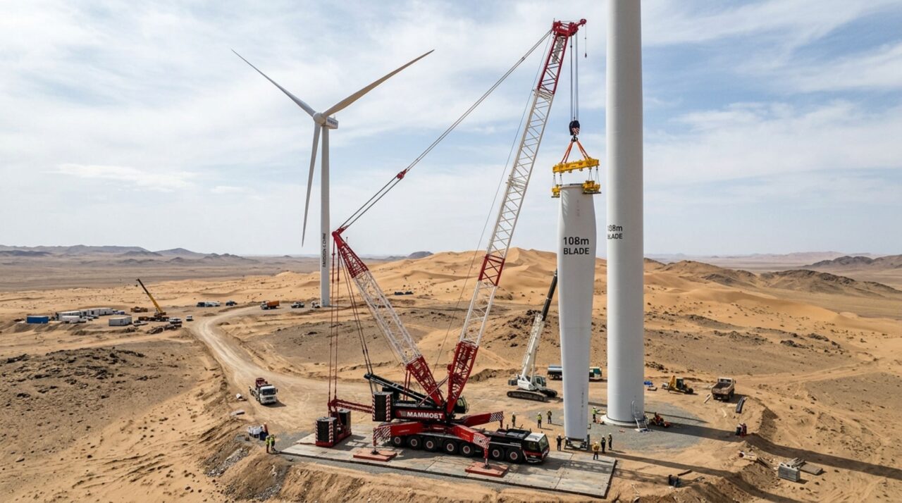 Pesando 4.000 toneladas, China utiliza o maior guindaste do mundo para erguer turbinas eólicas gigantes no meio do deserto