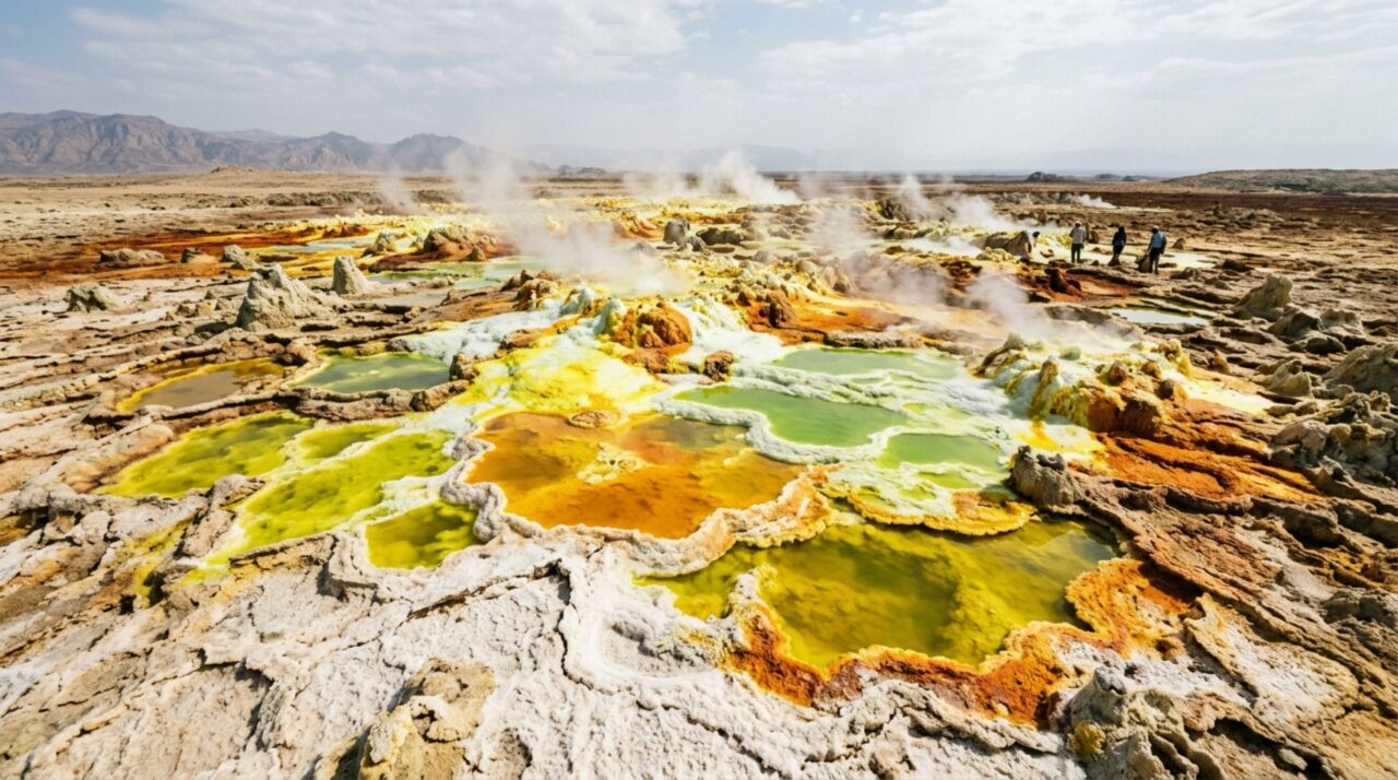 O deserto de Danakil reúne calor brutal, poças ácidas e gases tóxicos em uma paisagem tão extrema que virou laboratório para cientistas.