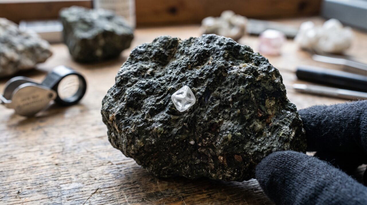 A geologia e a localização dos diamantes em kimberlitos e rios antigos.