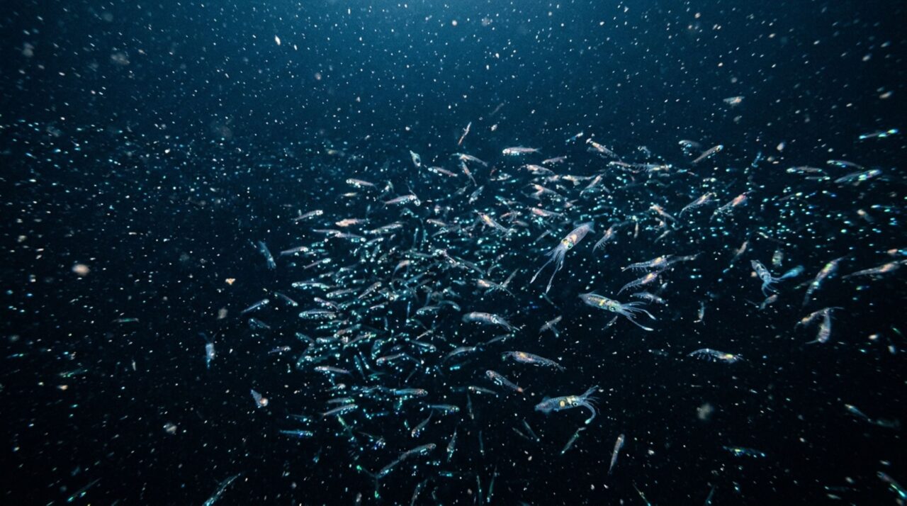 Organismos bioluminescentes deixam a zona crepuscular ao anoitecer para se alimentar na superfície