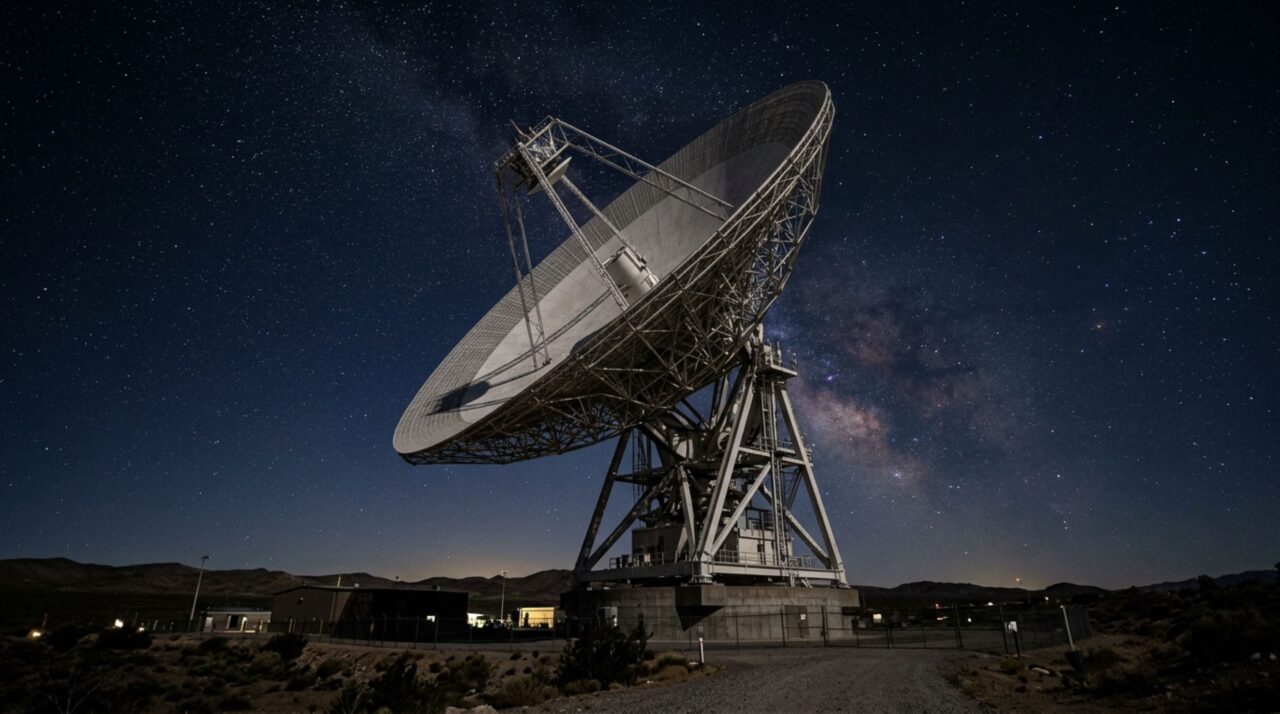 A antena que escuta um sinal vindo do espaço interestelar