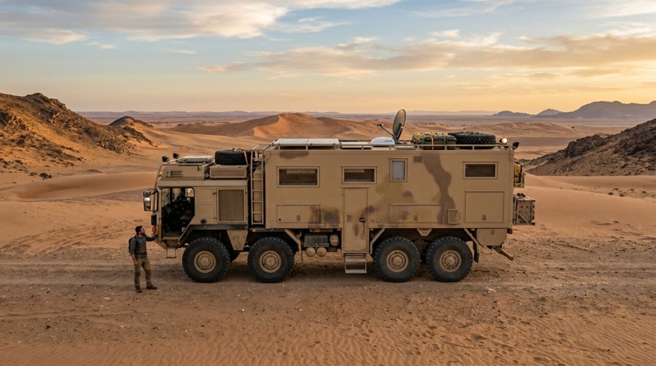 O caminhão-casa de 30 toneladas construído sobre um veículo militar para atravessar os lugares mais isolados do planeta
