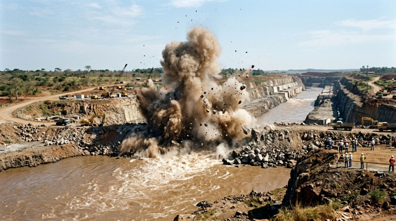 Escavações profundas e detonações abriram o canal temporário para alterar o curso das águas