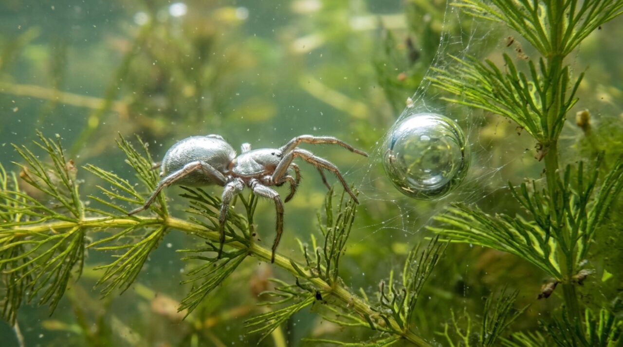 A aranha que leva ar para o fundo do lago e constrói uma cabine prateada debaixo d’água