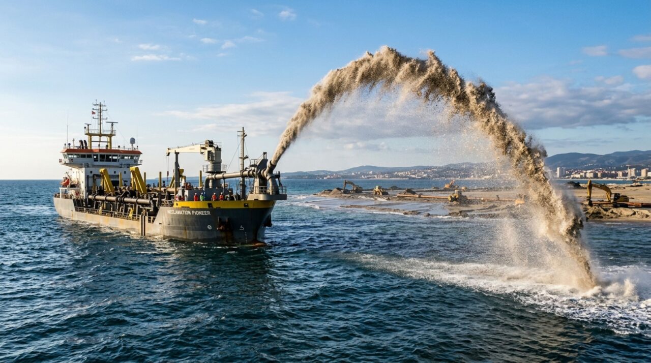 Navios dragadores lançaram milhões de metros cúbicos de areia para erguer o terreno