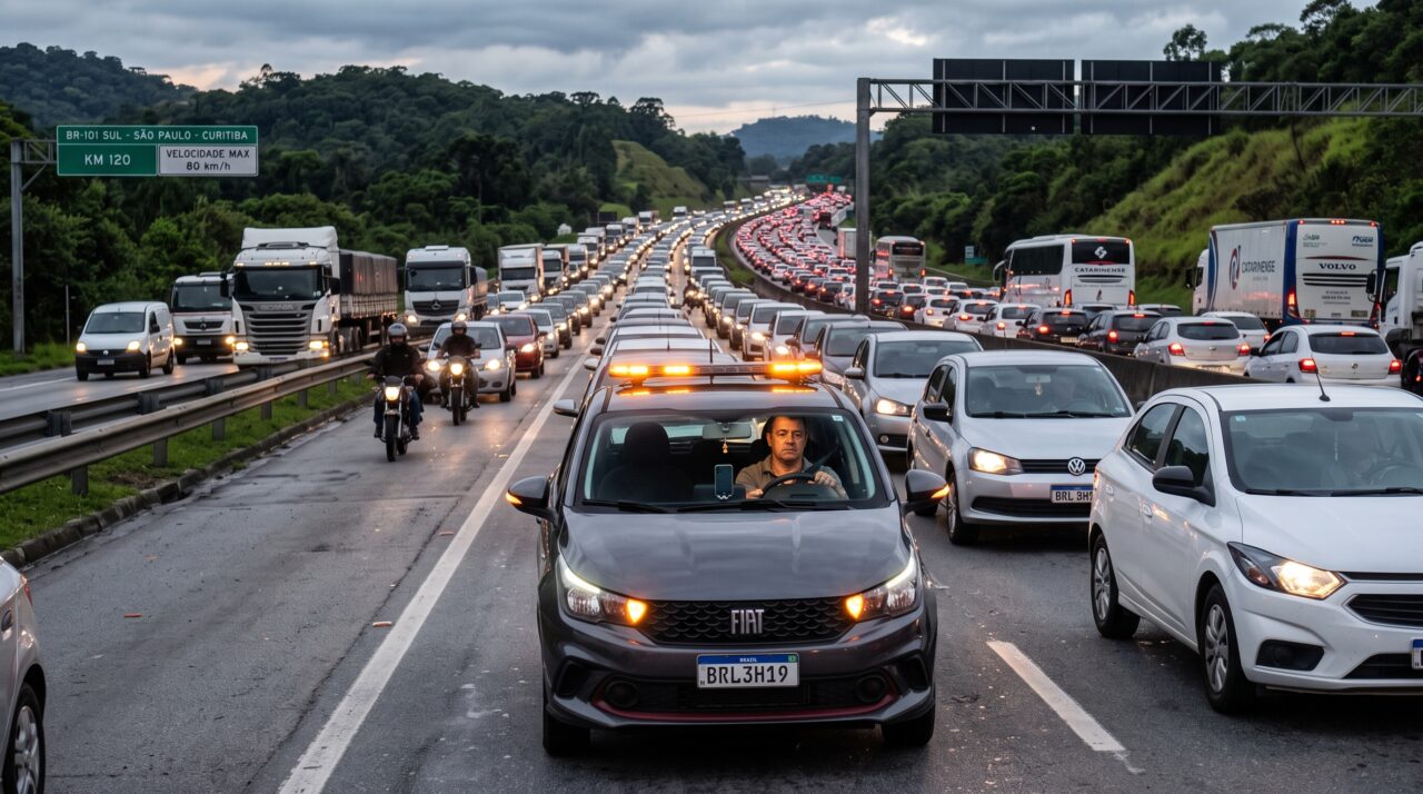Uso do pisca-alerta em engarrafamento repentino na estrada segundo o CTB.