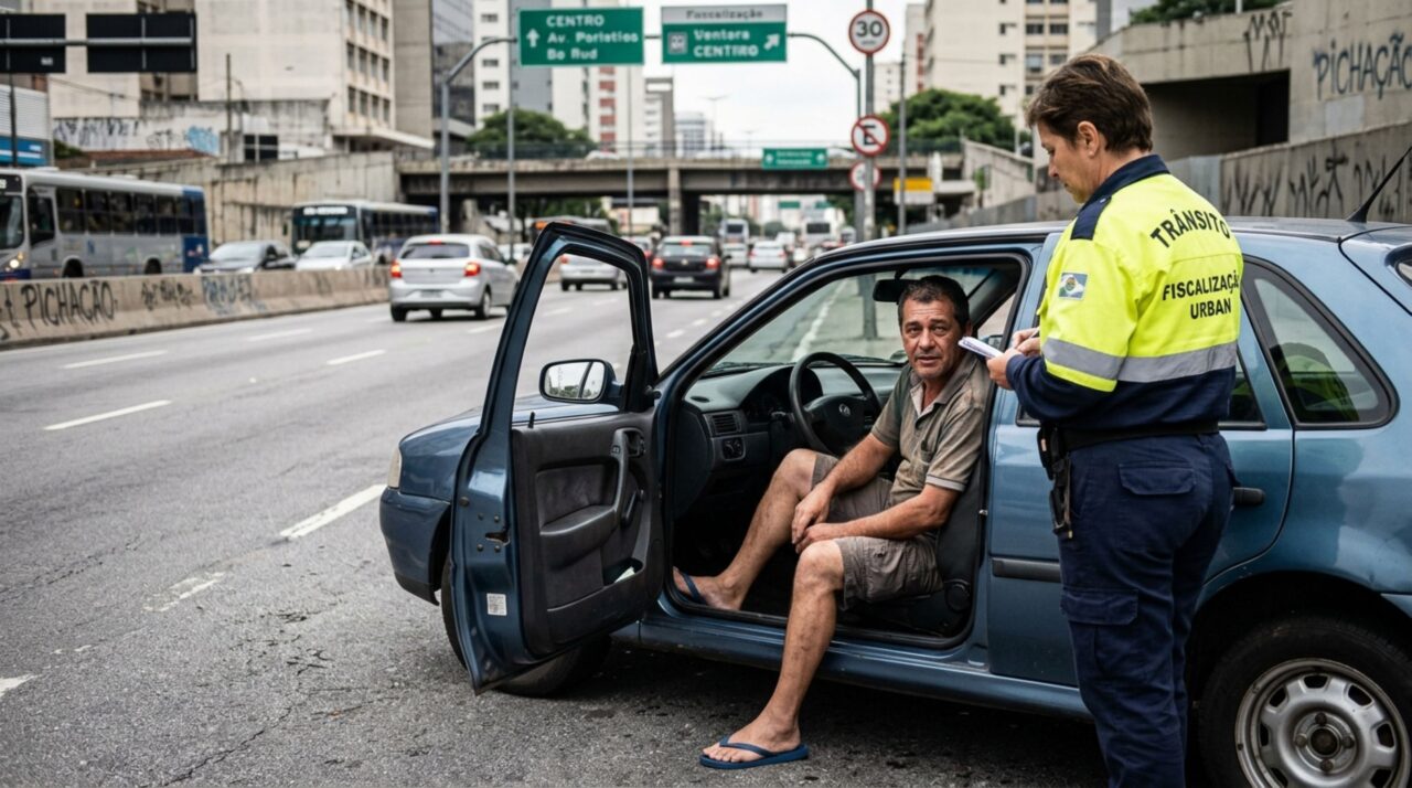 Motorista é multado após dirigir com chinelo solto e contesta interpretação do agente de trânsito