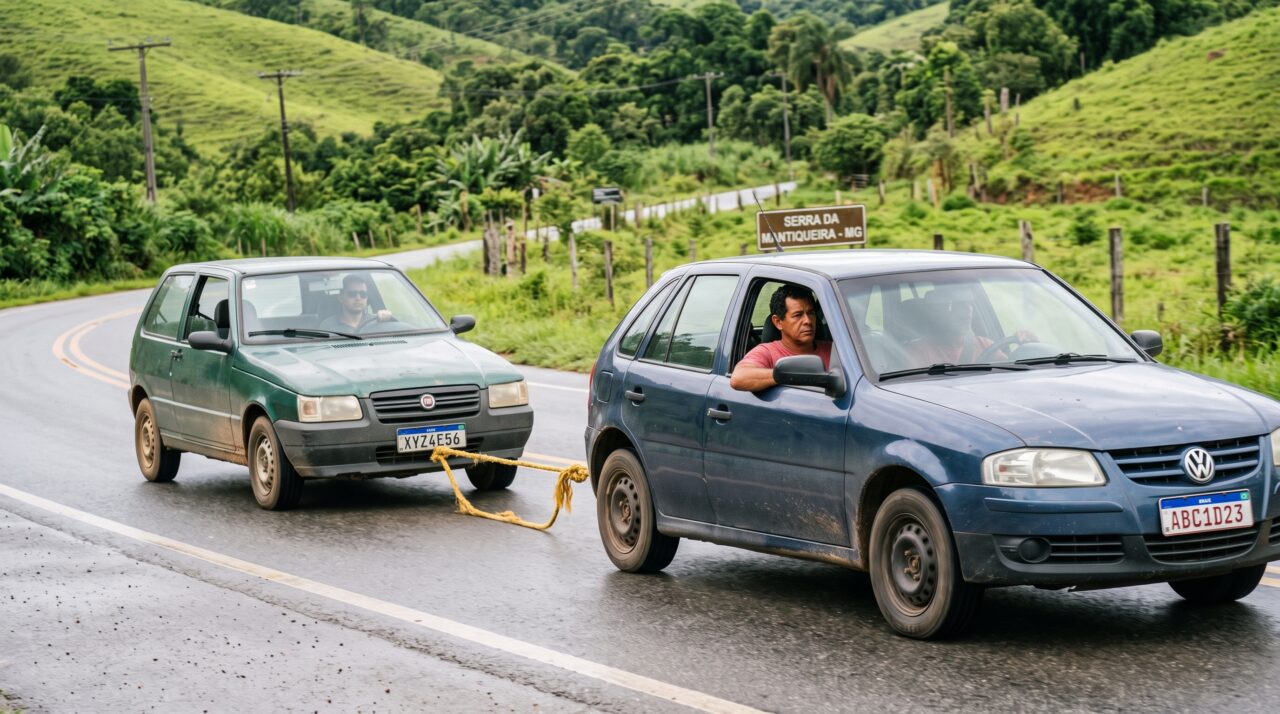 Infração de trânsito ao rebocar veículo com corda em via pública.