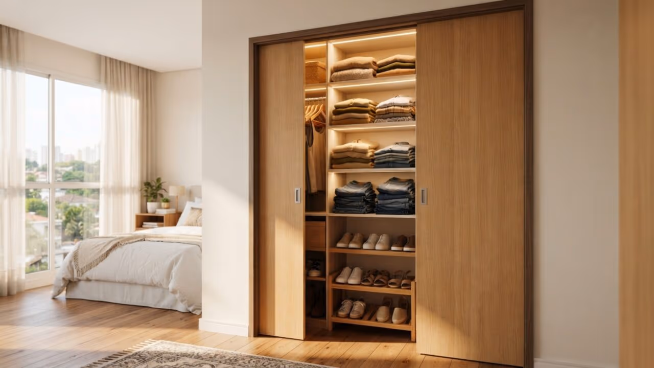 Quanto custa construir um closet compacto em drywall? Estimativa de materiais, portas e organizadores internos