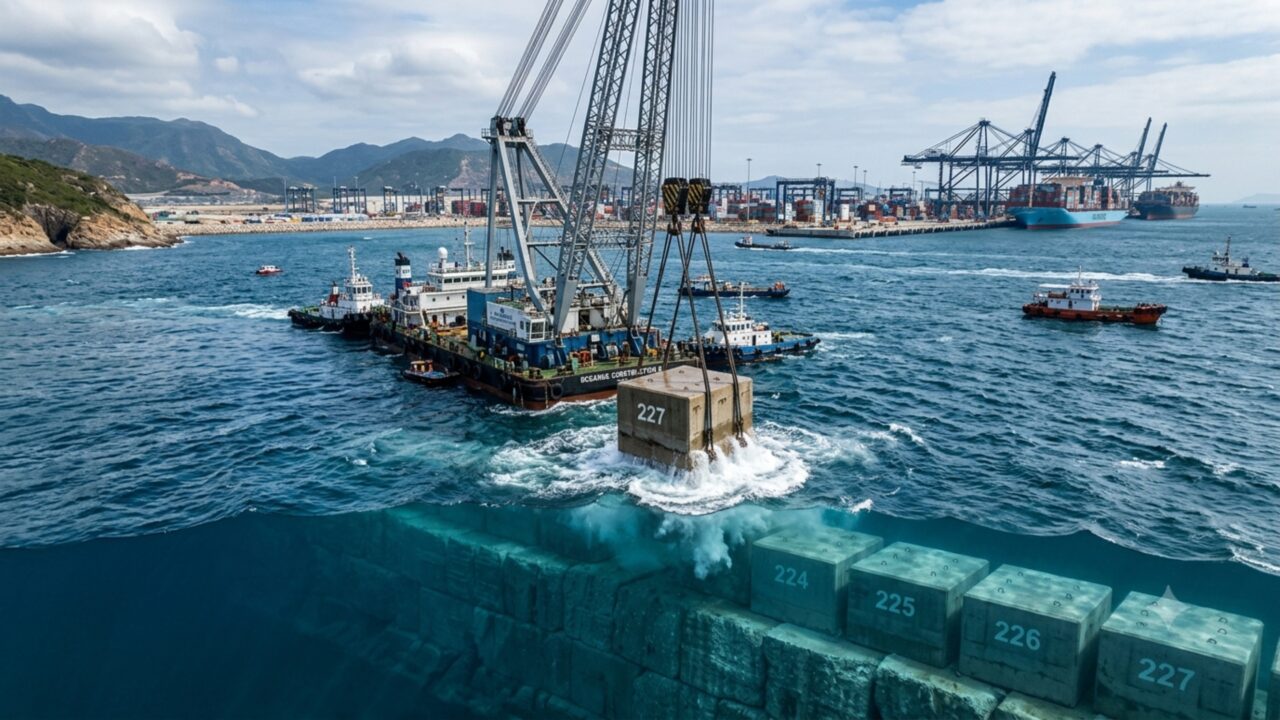 Eles decidiram construir um muro gigante subaquático jogando 227 blocos de concreto no mar para criar o maior porto automatizado do planeta