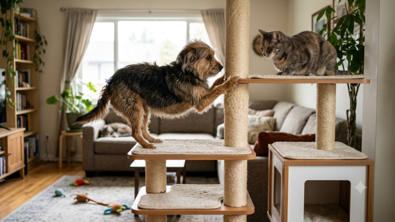 Essa é a consequência de criar um cachorro junto com gatos; ele passa a ter crise de identidade