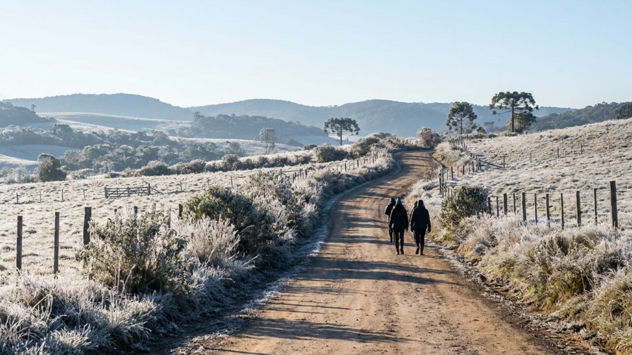 Cidade brasileira amanhece congelada e transforma frio intenso em paisagem rara no Sul do país