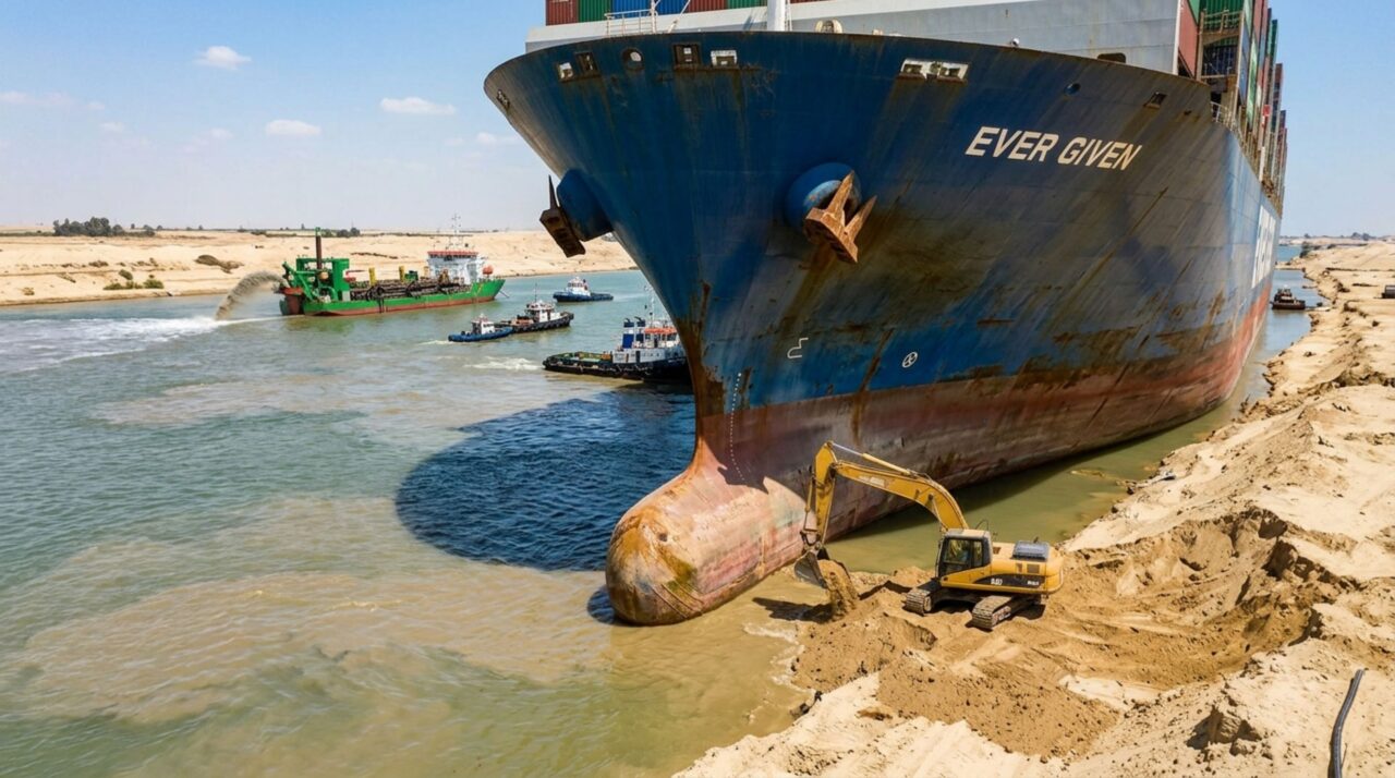 Equipes de resgate utilizaram dragas, escavadeiras e marés altas para liberar o casco fixado na margem do canal