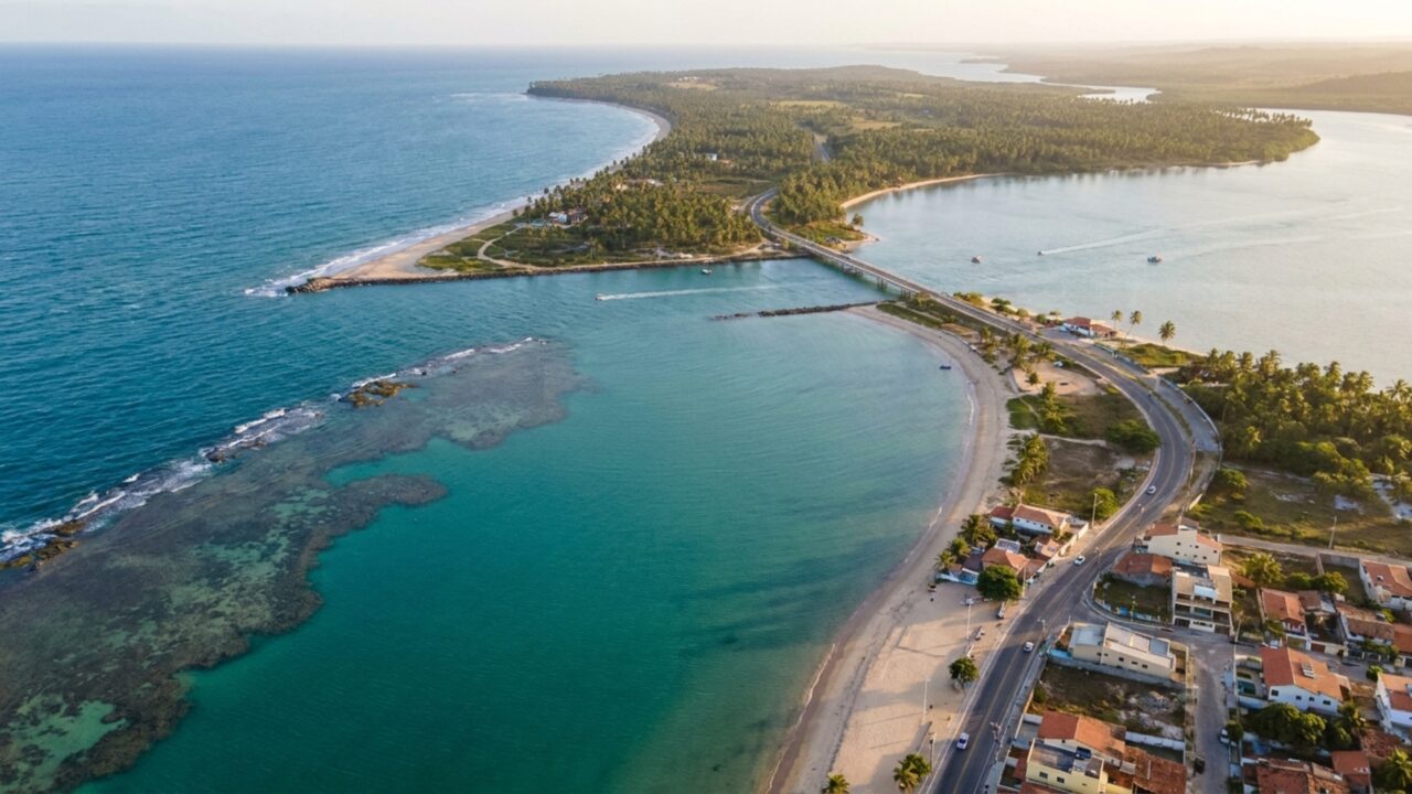 Vila alagoana a 30 km de Maceió transforma o mar em piscina natural gigante graças a uma barreira de corais rara no litoral do Nordeste e vira porta de entrada da Praia do Gunga