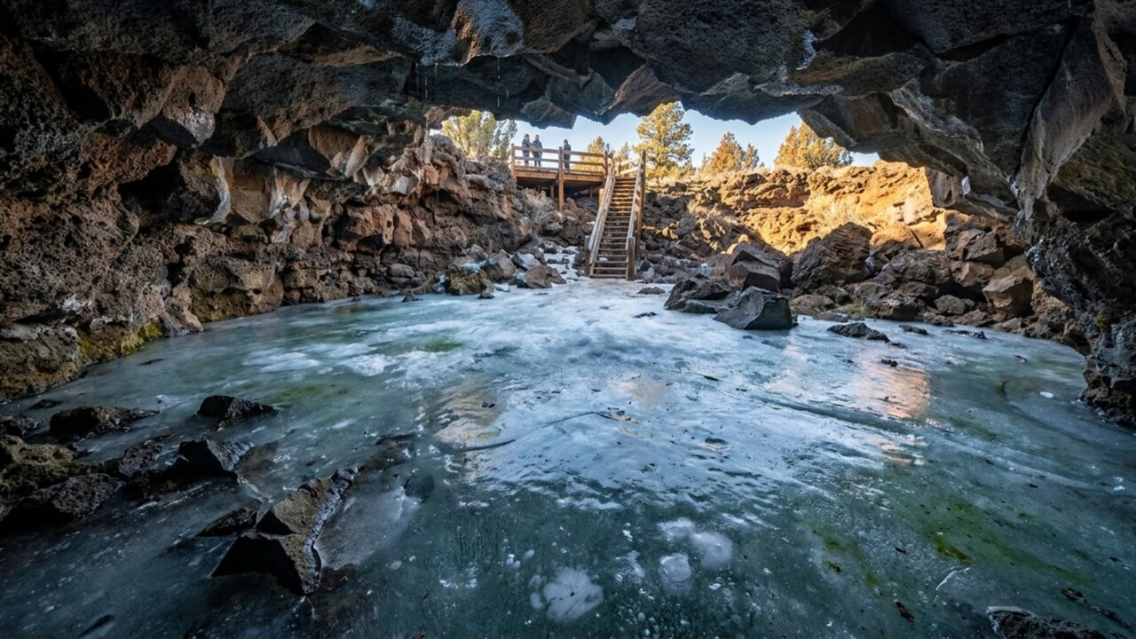 Uma caverna congelada a -0,6 °C resiste ao calor do deserto e guarda camadas de gelo de até 6 metros