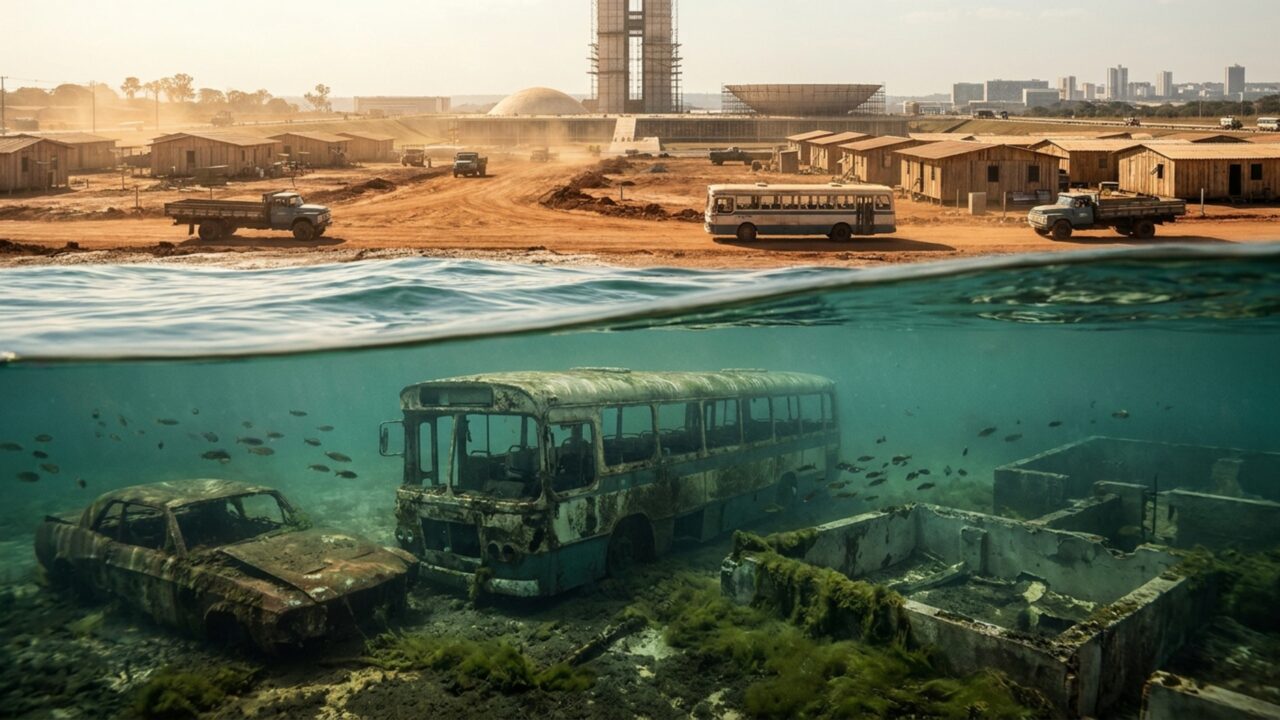 Brasília — DF Uma cidade de 16 mil operários desapareceu sob o Lago Paranoá em 1959 e mergulhadores ainda encontram carros e ônibus no fundo da capital