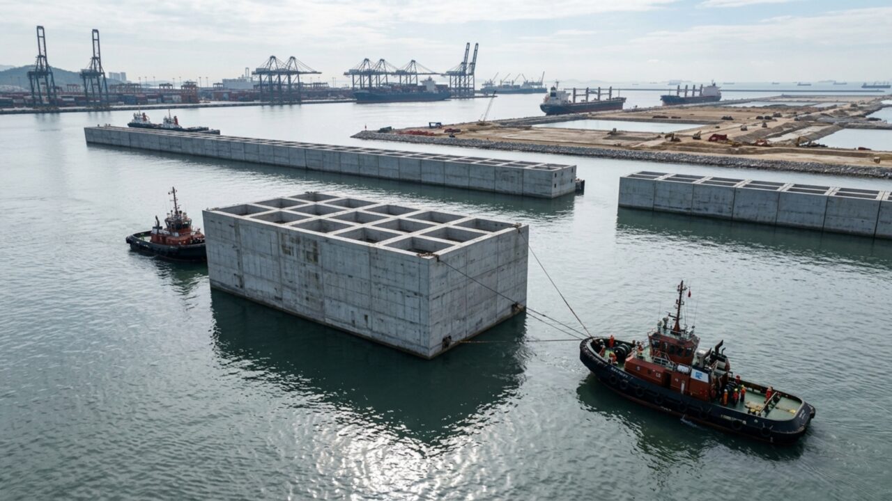 Quase 230 caixas gigantes de concreto com a altura de um prédio de 10 andares estão formando um muro marítimo para construir um mega-porto capaz de transportar 65 milhões de contêineres por ano