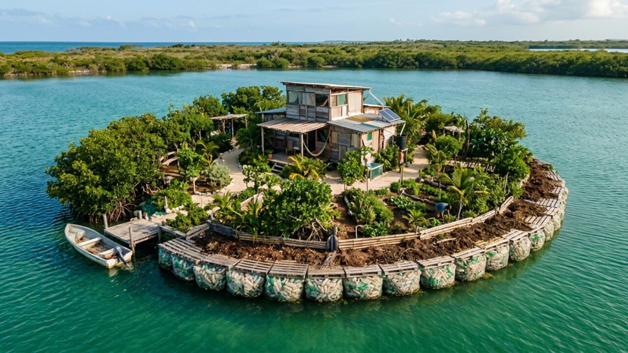Homem construiu ilha flutuante com cerca de 150 mil garrafas PET e plantou mangues sobre a estrutura