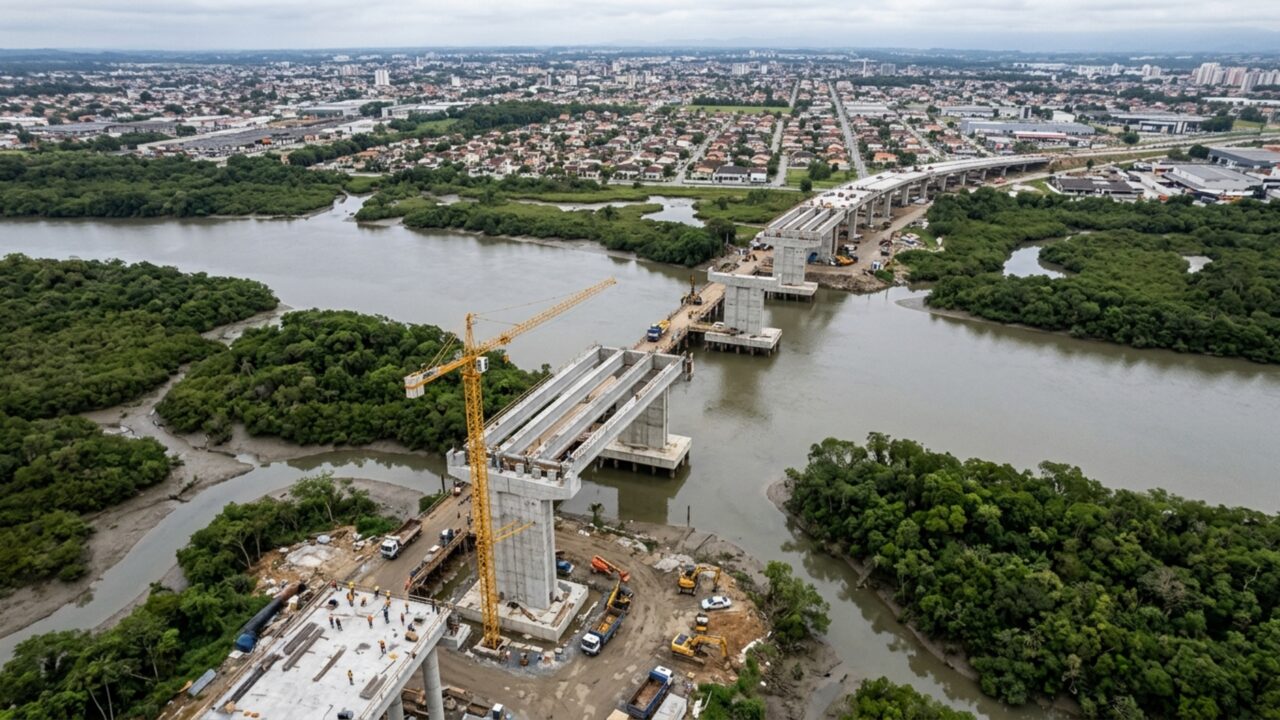 Vigas gigantes de quase 16 toneladas e 20 metros de comprimento vão ser içadas por um guindaste em cidade de Santa Catarina, a megaobra de 27 milhões de reais vai beneficiar diretamente os moradores