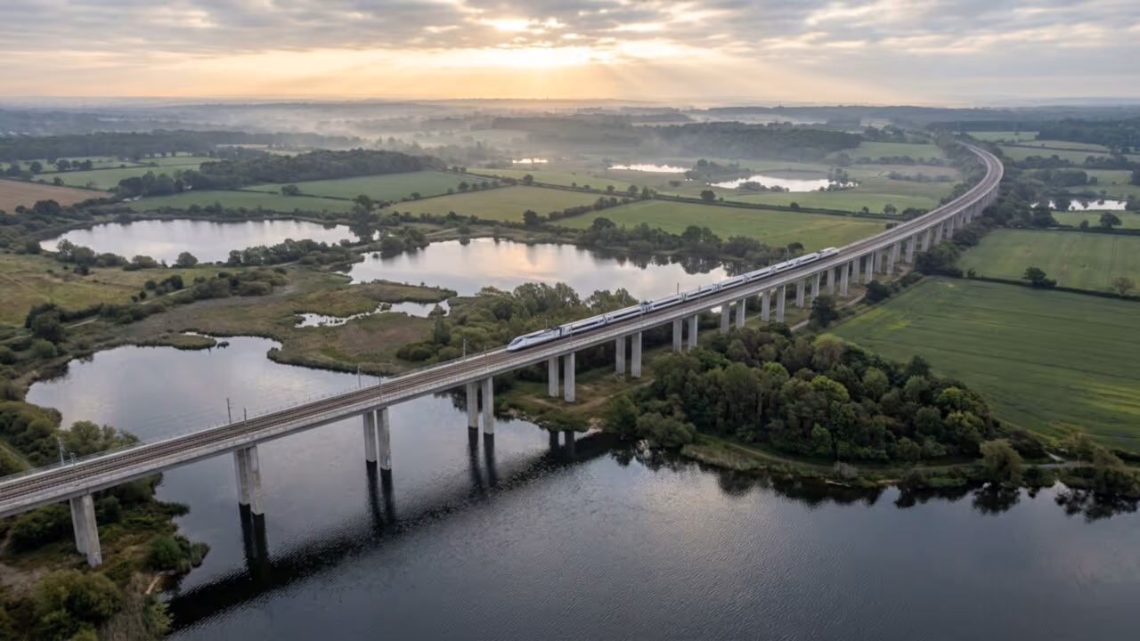 Ponte ferroviária de 3,4 quilômetros atravessa lagos e canal para levar trens a até 354 quilômetros por hora
