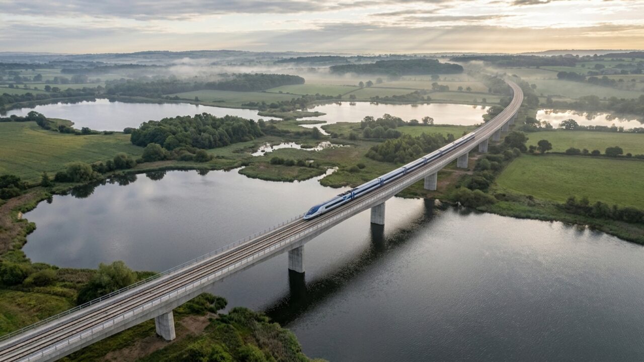 Ponte ferroviária de 3,4 quilômetros atravessa lagos e canal para levar trens a até 354 quilômetros por hora