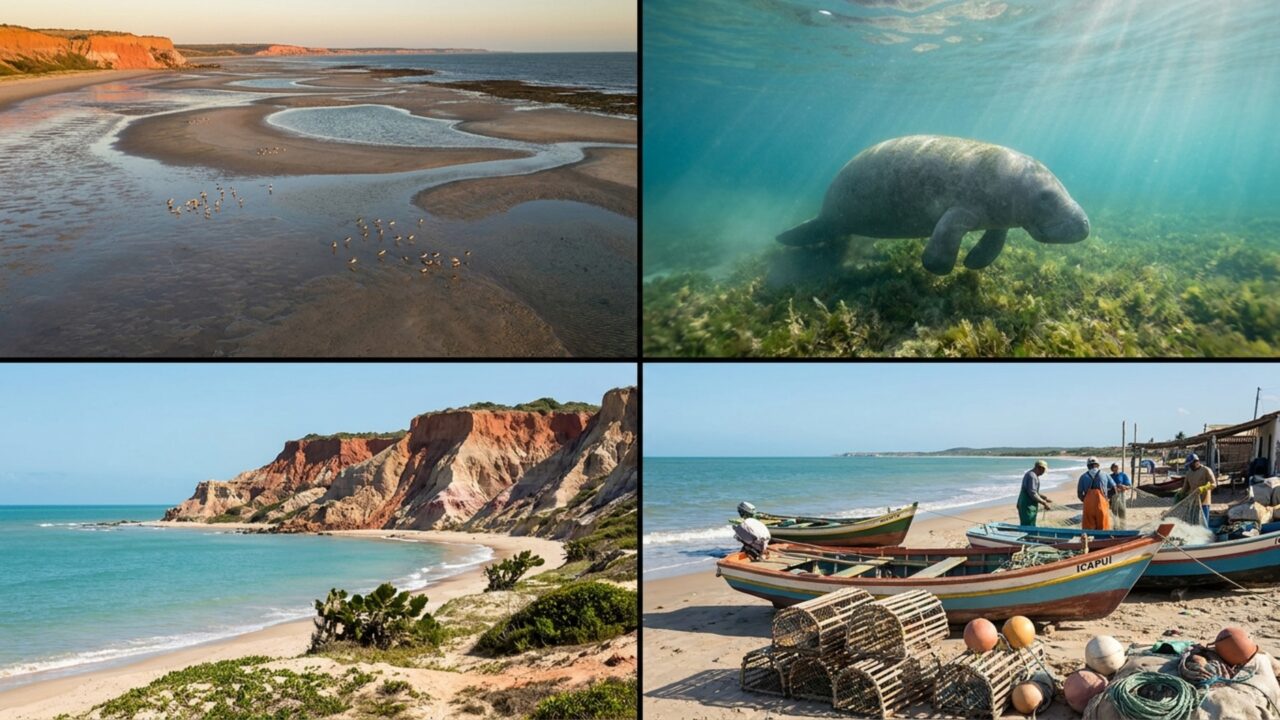 Aves que voam mais de 30 mil km por ano pousam nesta praia cearense, onde o mar recua 4 km e o peixe-boi aprende a viver livre