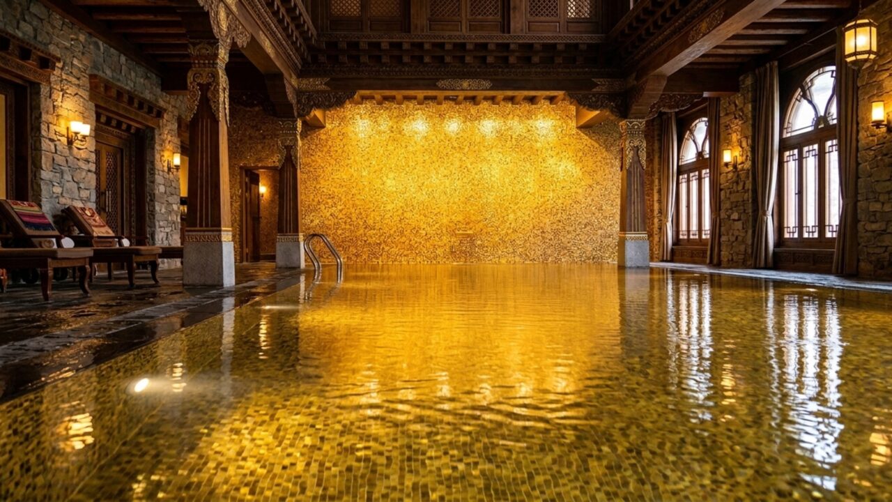 Hotel a 3.650 metros de altitude tem piscina dourada cercada pelo Himalaia e impressiona qualquer visitante