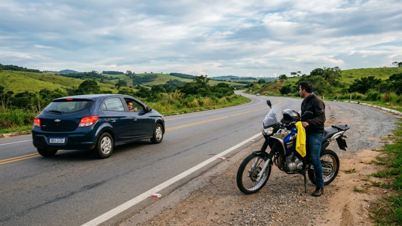 O que pode significar um pano amarelo no guidão da moto parada na estrada