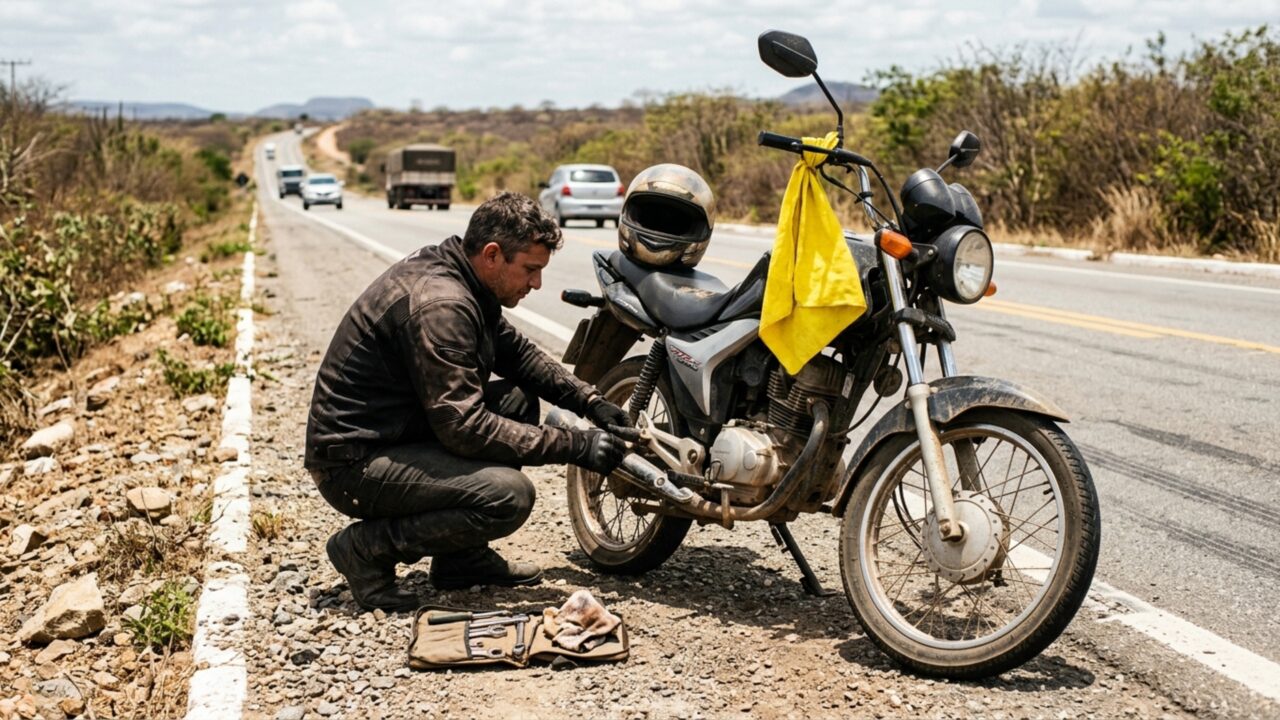 O que pode significar um pano amarelo no guidão da moto parada na estrada