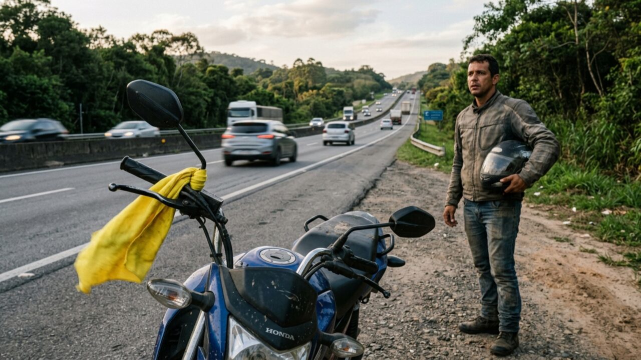 O que pode significar um pano amarelo no guidão da moto parada na estrada