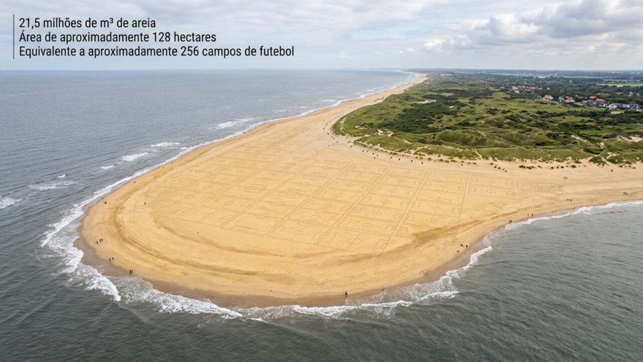 País usa 21,5 milhões de metros cúbicos de areia para criar península artificial que protege a costa do avanço do mar