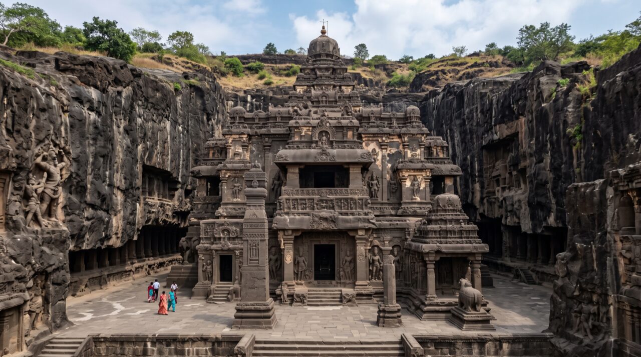 A arquitetura e os mistérios da construção escavada na rocha do Templo de Kailasa.