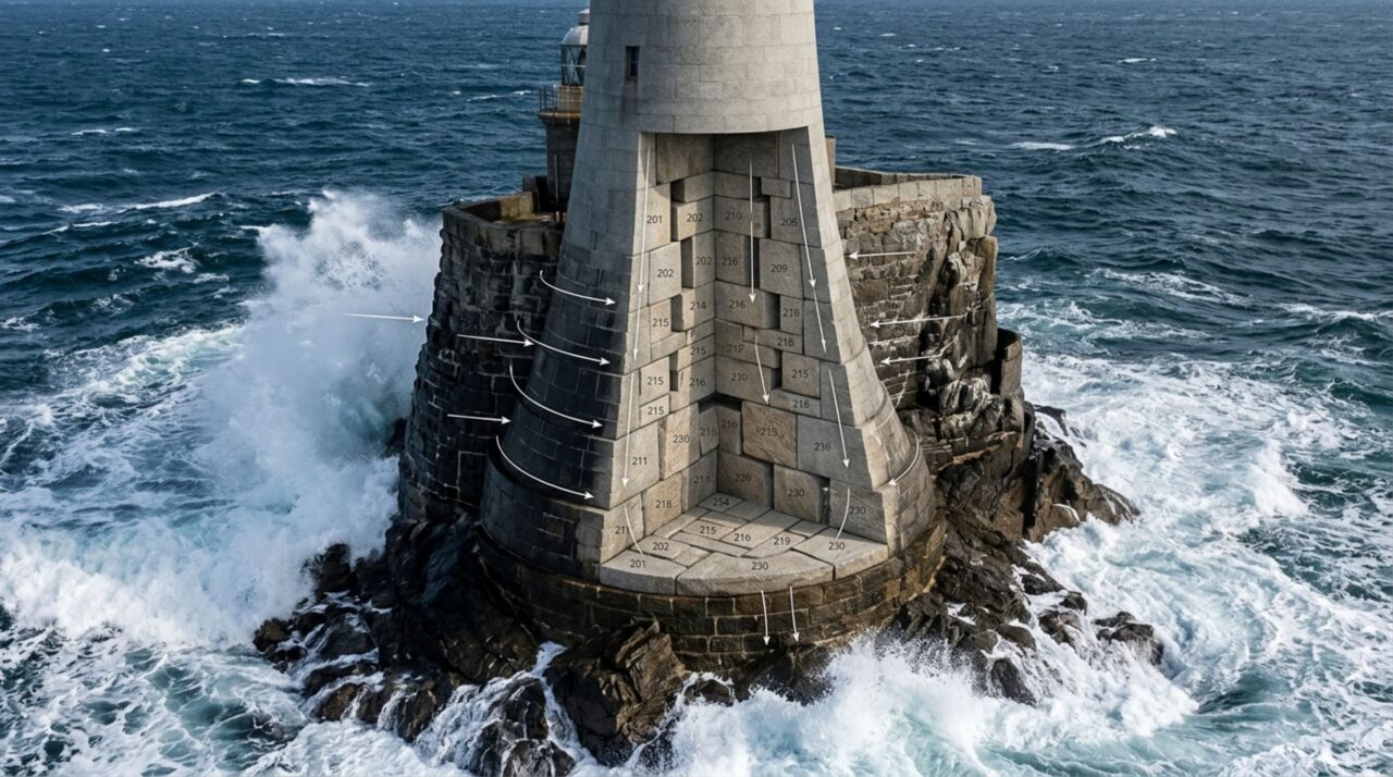 O encaixe de granito que transforma a torre em uma única massa
