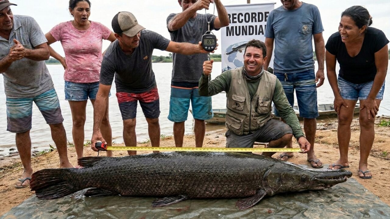 Pescador quebra recorde mundial ao capturar peixe-jacaré de 69 kg e 2,1 metros