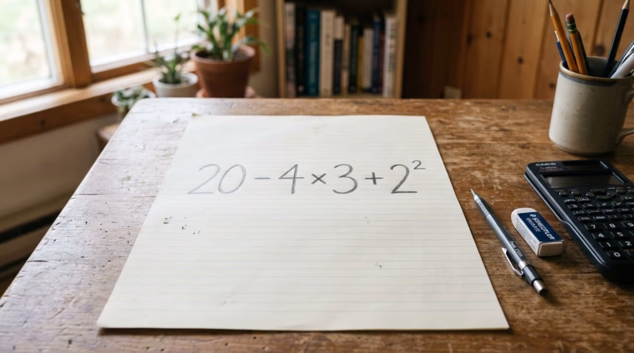 O sinal de menos chama atenção em 20 – 4 × 3 + 2², mas se ele vem primeiro já começa errado