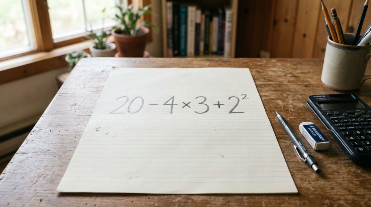 O sinal de menos chama atenção em 20 – 4 × 3 + 2², mas se ele vem primeiro já começa errado