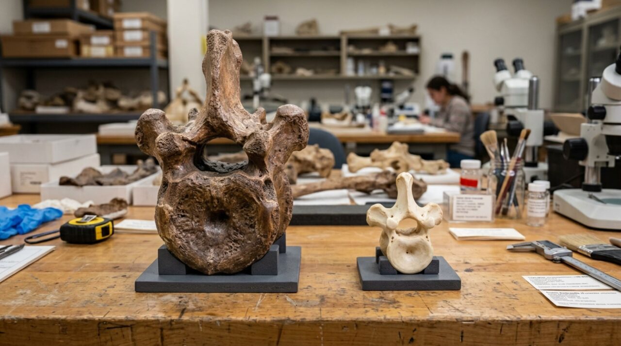 Fósseis de vértebras gigantescos que permitiram à ciência calcular a dimensão da maior serpente conhecida