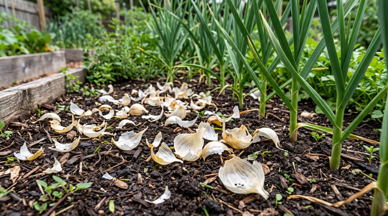 O uso de cascas de alho no jardim para afastar pragas e nutrir a terra.